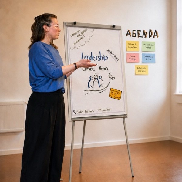 Lia Weitz facilitating at a flipchart headed “Leadership in Climate Action”